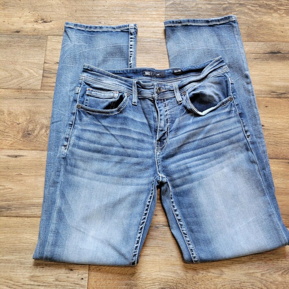 BKE Buckle Mens 33R Jeans 33x36 Blue Denim Jake Straight Fading Whisker Stretch